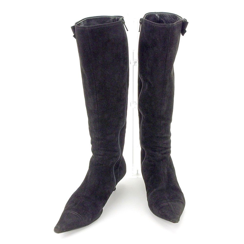 【BIGお買い物ラリー★30%OFFセール中】ミュウミュウ MIUMIU ブーツロング ポインテッドトゥ ♯38 リボンモチーフ付き ブラック レディース 中古 最大30％OFF☆新春セール】ミュウミュウ MIUMIU ブーツ ロング ポイン