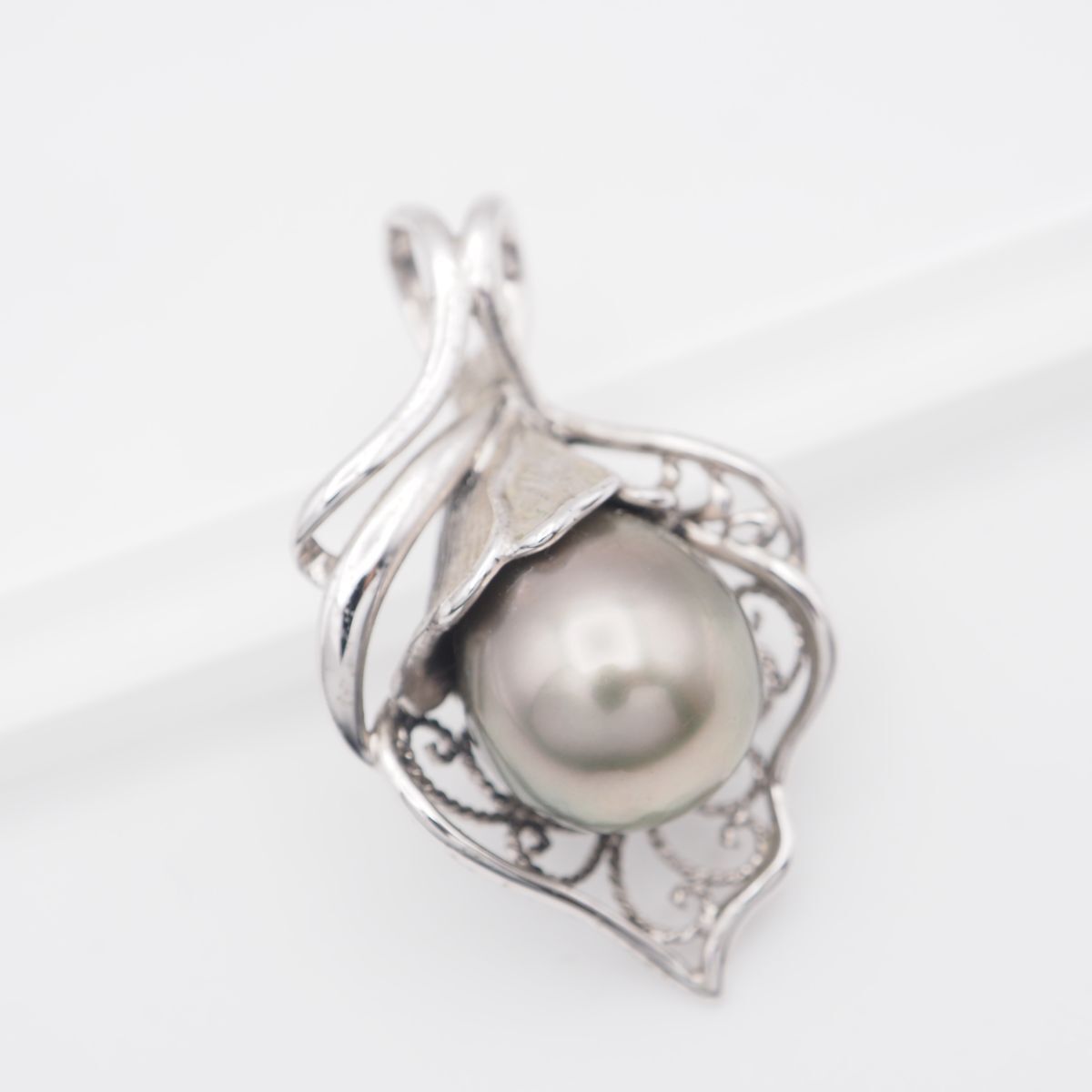 L101 黒蝶真珠 パール SV925刻印 ペンダント トップ フィリグリー 銀線