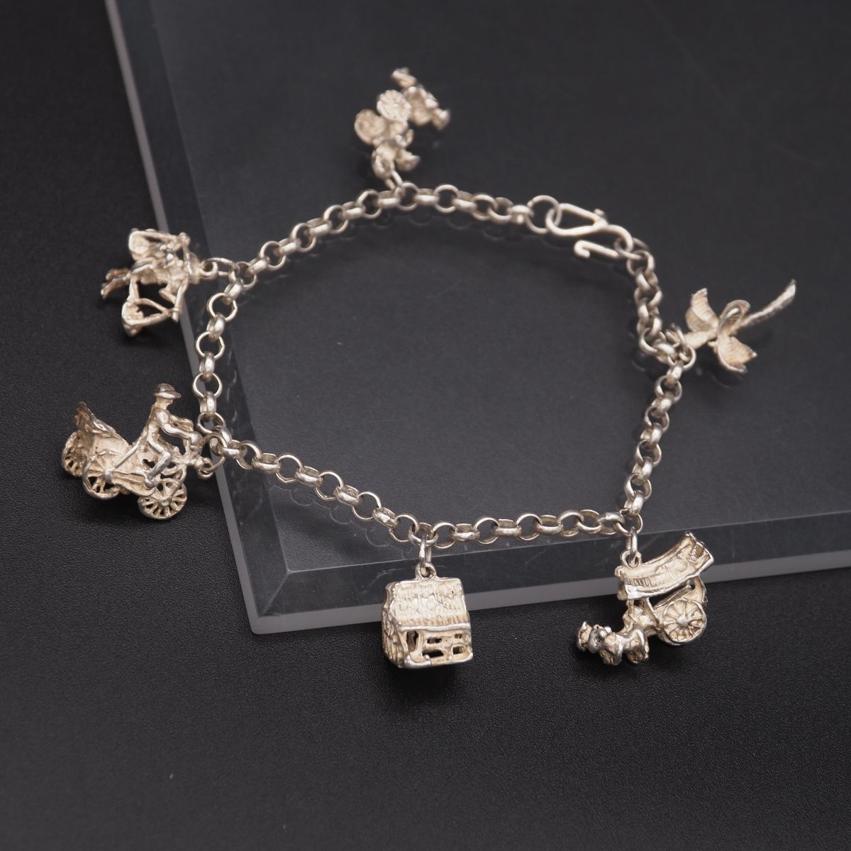 J776 ヴィンテージ 925刻印 ブレスレット チャーム ヤシの木 人力車