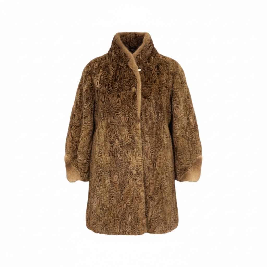 25L15 パステルミンク 総柄 ロングコート サイズF ブラウン 本毛皮