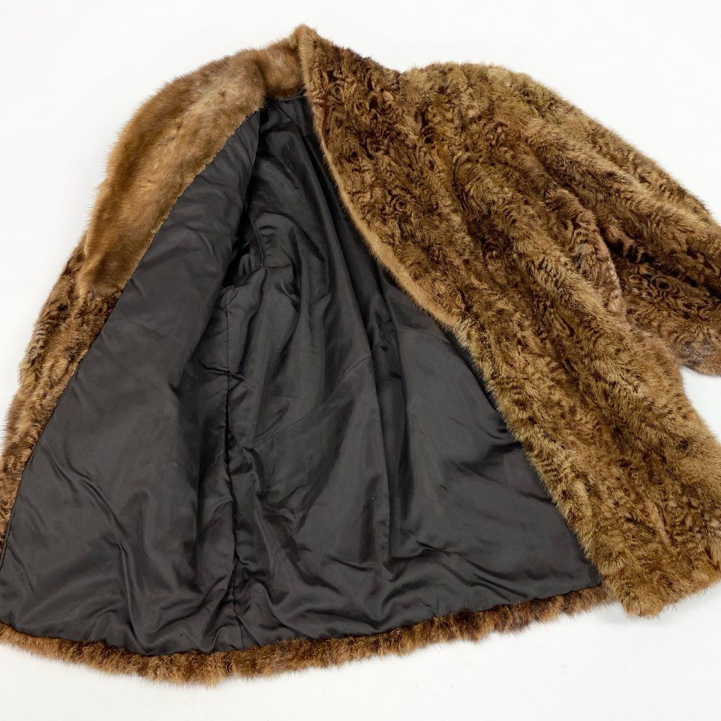 25L15 パステルミンク 総柄 ロングコート サイズF ブラウン 本毛皮