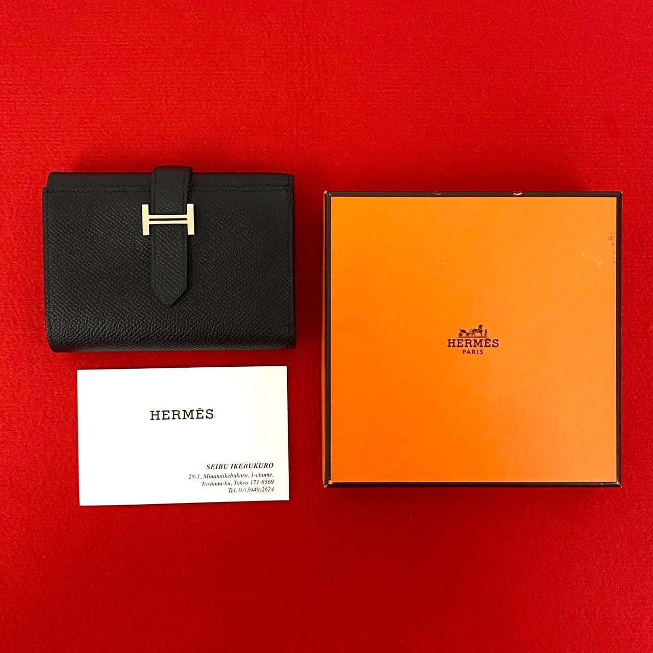 ほぼ♥ 品 き W 刻印 HERMES エルメス ベアン コンビネ ヴォーエプソン レザー 本革 三つ折り財布 ウォレット ブラック 97610