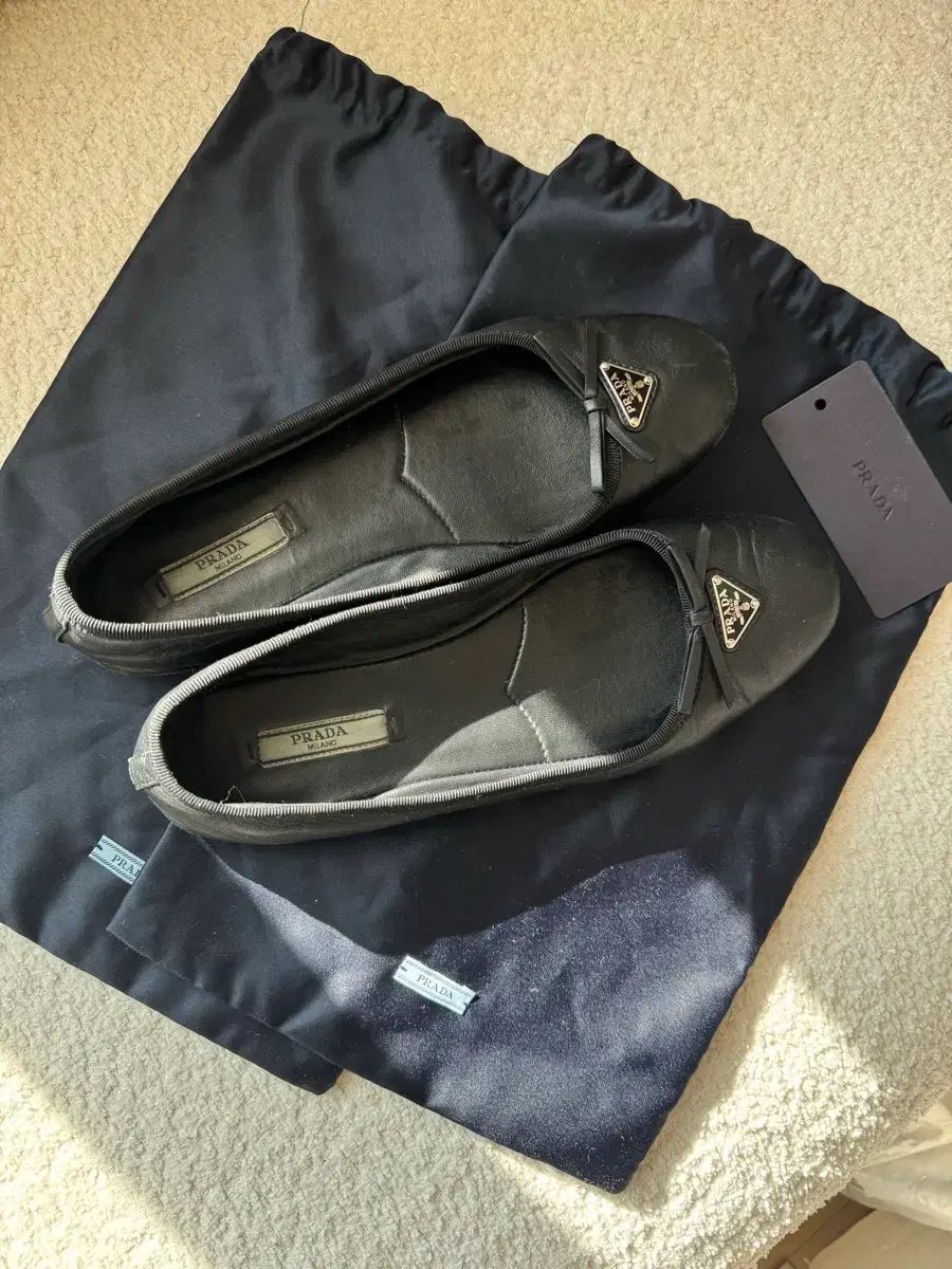 PRADA フラットシューズ 37 リボン ブラック バレリーナ 靴