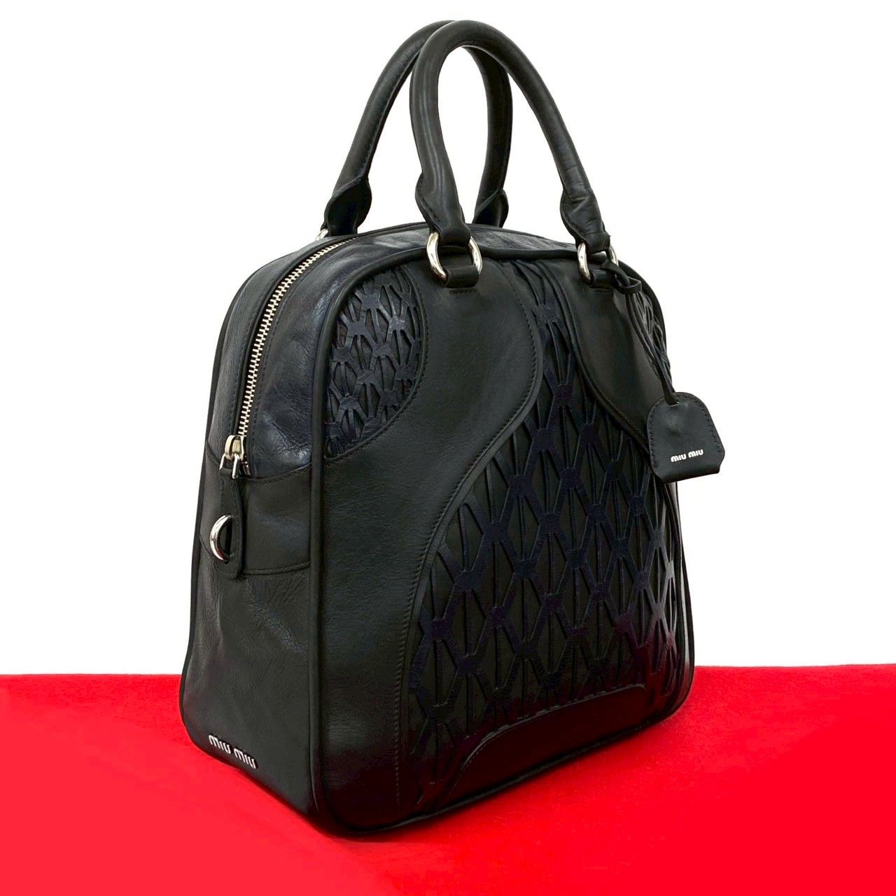 鍵付き 品 MIUMIU ミュウミュウ カットアウト レザー 本革 ボストンバッグ 旅行かばん ハンドバッグ ブラック ネイビー 78173