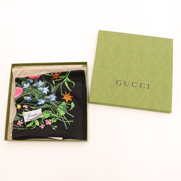 美品】グッチ GUCCI スカーフ 699506 3G001 シルク ブラック 花柄 植物