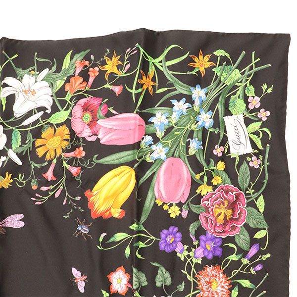 美品】グッチ GUCCI スカーフ 699506 3G001 シルク ブラック 花柄 植物