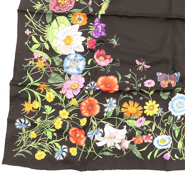 美品】グッチ GUCCI スカーフ 699506 3G001 シルク ブラック 花柄 植物