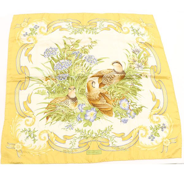 Salvatore Ferragamo シルクスカーフ 鳥と植物 サルヴァトーレ