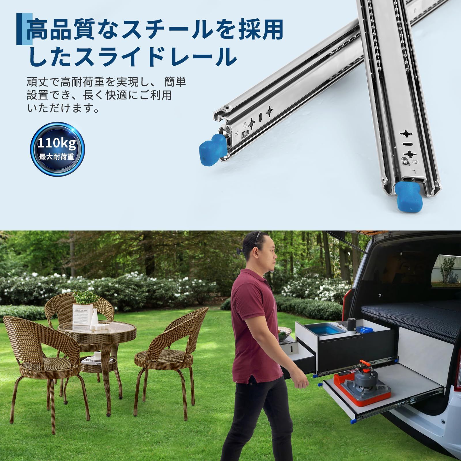  Garvee 引き出しスライド 幅 1400 mm 厚さ 76 ロック付き 完全に拡張 なボール ジョイント 3 セクションの引き出し 耐荷重約 100 kg 1 セット 金属 非鉄金属 合金 材料 資材