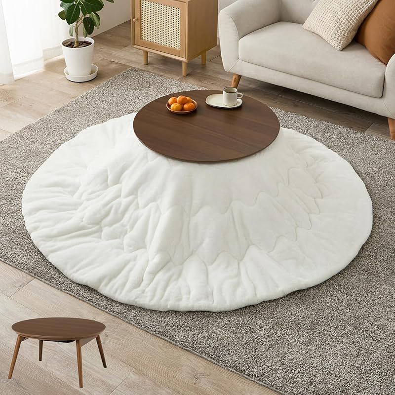 即納：萩原 こたつ 2点セット 円形 一人用 【 こたつ本体(ブラウン) + フランネル生地掛布団(ホワイト) 】 木目 省スペース 洗える 低ホルム 直径68 ブラーナ68BR+メレンゲKF19R-WH 0