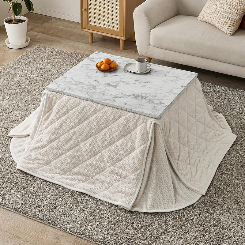 萩原 こたつ 2点セット 長方形 一人用 こたつ本体 大理石調ホワイト フランネル生地掛布団 アイボリー 韓国インテリア 省スペース 洗える 低ホルム 幅75 奥行60 アルラ7560 MWH ポカ