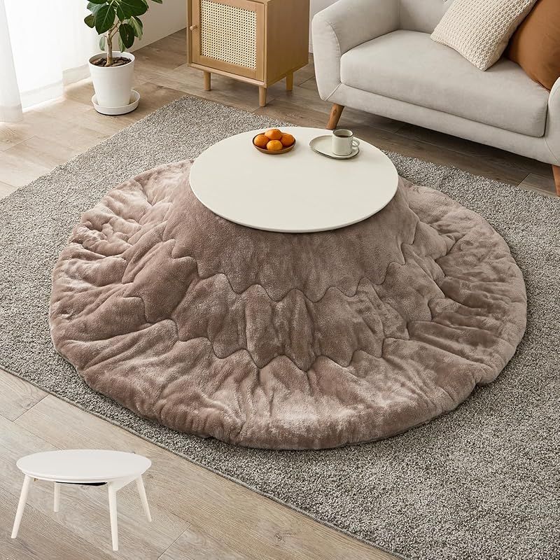 萩原 こたつ 2点セット 円形 一人用 こたつ本体 ホワイト フランネル生地掛布団 ベージュ 木目 省スペース 洗える 低ホルム 直径68 ブラーナ68 WS メレンゲKF 19 R-BE