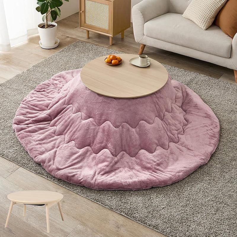 萩原 こたつ 2点セット 円形 一人用 こたつ本体 ライトナチュラル フランネル生地掛布団 ピンク 木目 省スペース 洗える 低ホルム 直径68 ブラーナ68 LN メレンゲKF 19 R-PI