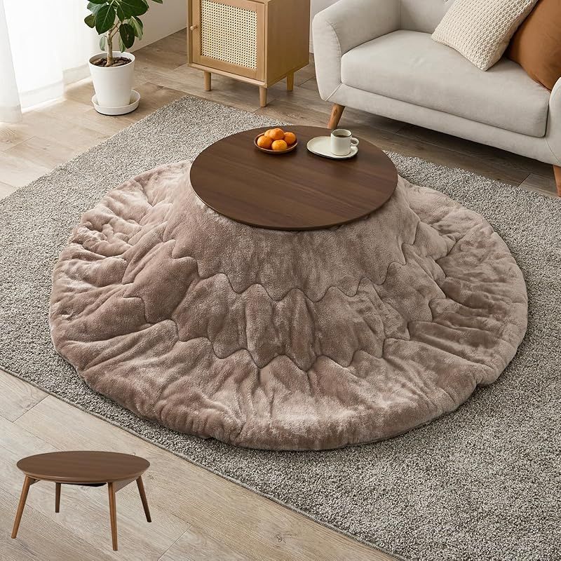 萩原 こたつ 2点セット 円形 一人用 こたつ本体 ブラウン フランネル生地掛布団 ベージュ 木目 省スペース 洗える 低ホルム 直径68 ブラーナ68 BR メレンゲKF 19 R-BE