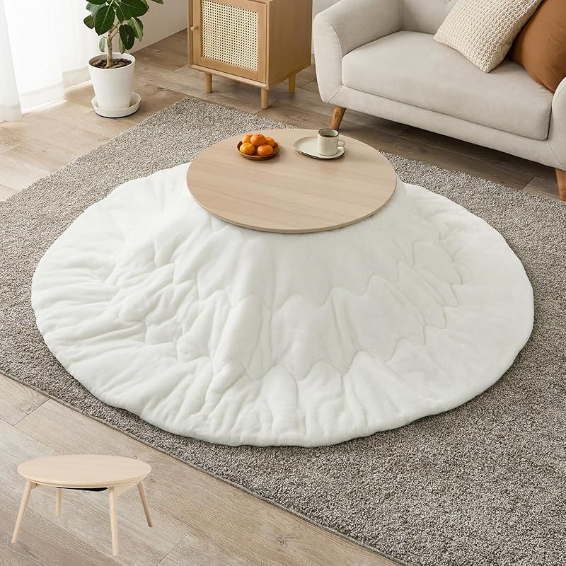 萩原 こたつ 2点セット 円形 一人用 こたつ本体 ライトナチュラル フランネル生地掛布団 ホワイト 木目 省スペース 洗える 低ホルム 直径68 ブラーナ68 LN メレンゲKF 19 R-WH