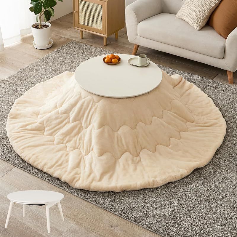 萩原 こたつ 2点セット 円形 一人用 こたつ本体 ホワイト フランネル生地掛布団 アイボリー 木目 省スペース 洗える 低ホルム 直径68 ブラーナ68 WS メレンゲKF 19 R IV