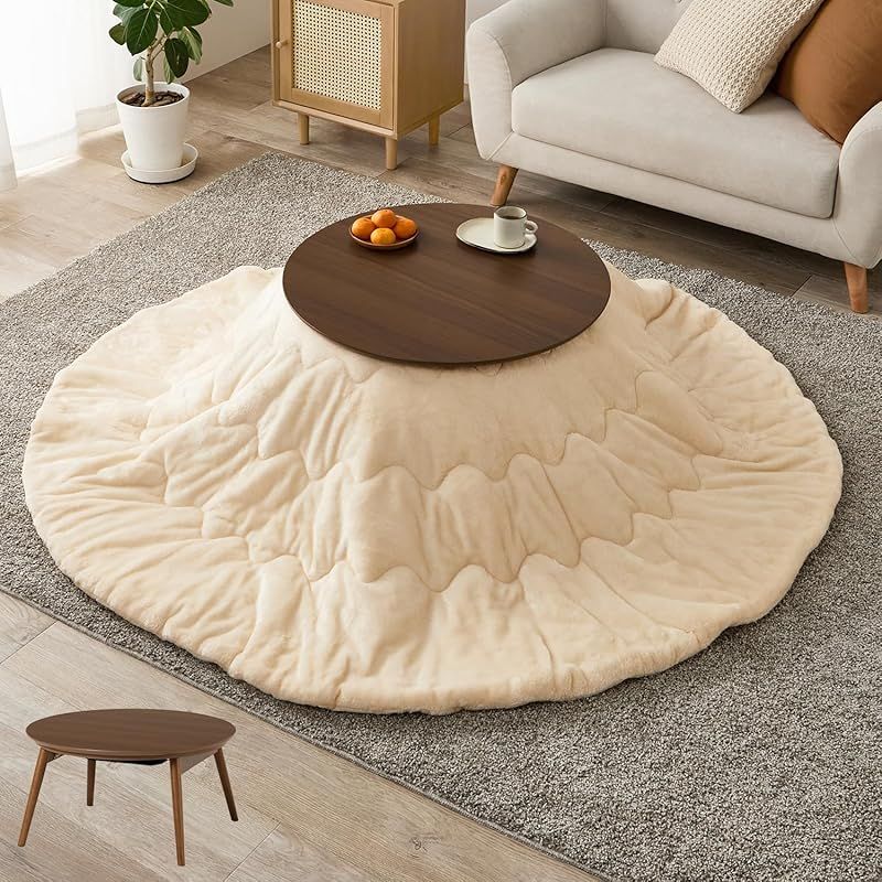 萩原 こたつ 2点セット 円形 一人用 こたつ本体 ブラウン フランネル生地掛布団 アイボリー 木目 省スペース 洗える 低ホルム 直径68 ブラーナ68 BR メレンゲKF 19 R IV