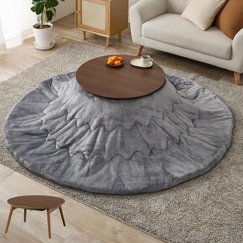 萩原 こたつ 2点セット 円形 一人用 こたつ本体 ブラウン フランネル生地掛布団 グレー 木目 省スペース 洗える 低ホルム 直径68 ブラーナ68 BR メレンゲKF 19 R GY