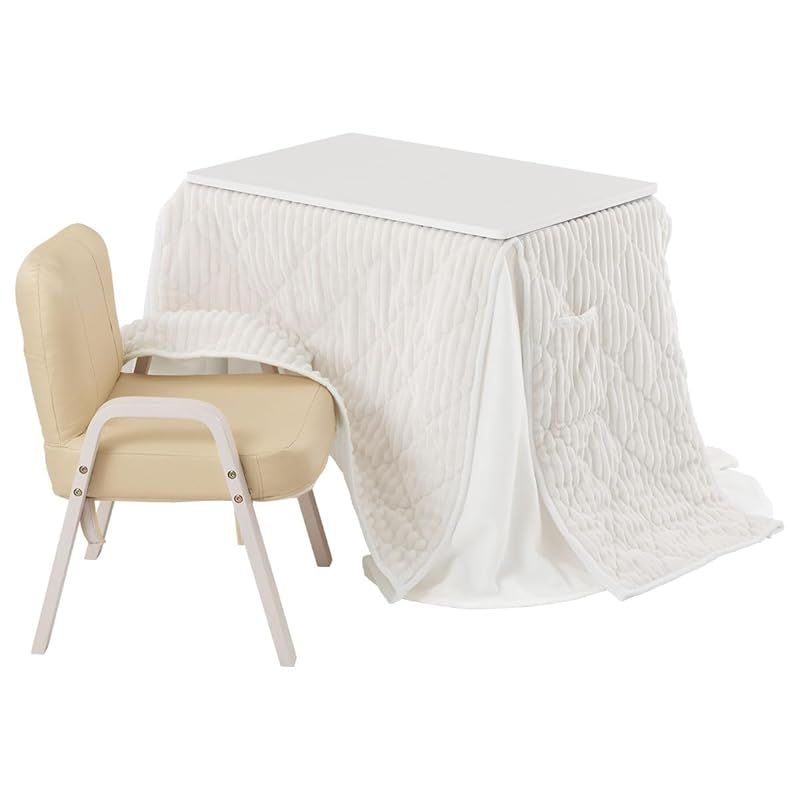 ぼん家具 こたつ 一人用 約 3点セット こたつテーブル 椅子 掛け布団 一人用テーブル 高さ調整2段階 木製天板 リバーシブル リビング ホワイト