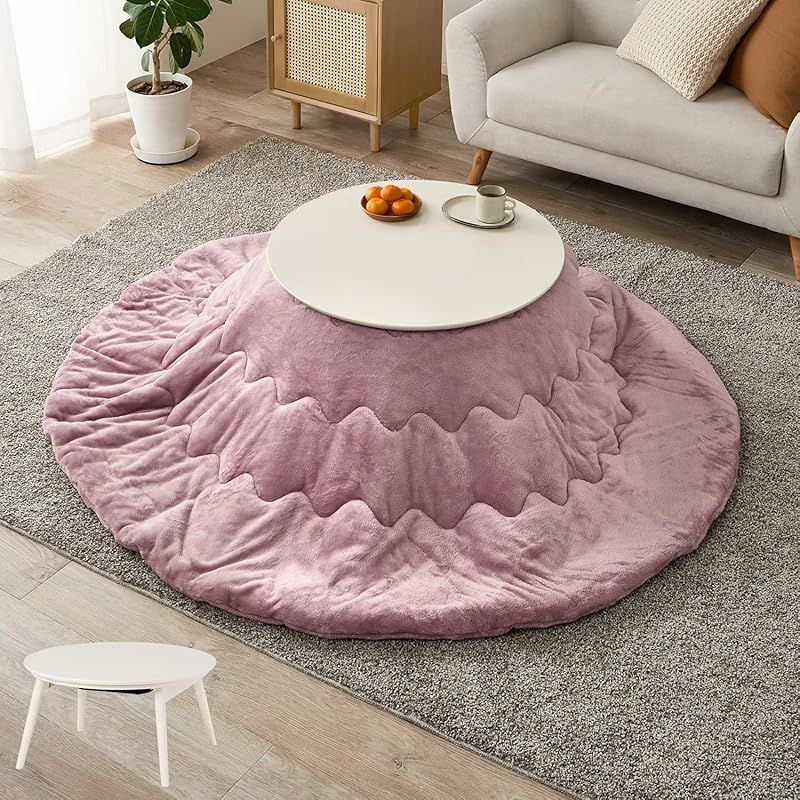 萩原 こたつ 2点セット 円形 一人用 こたつ本体 ホワイト フランネル生地掛布団 ピンク 木目 省スペース 洗える 低ホルム 直径68 ブラーナ68 WS メレンゲKF 19 R PI