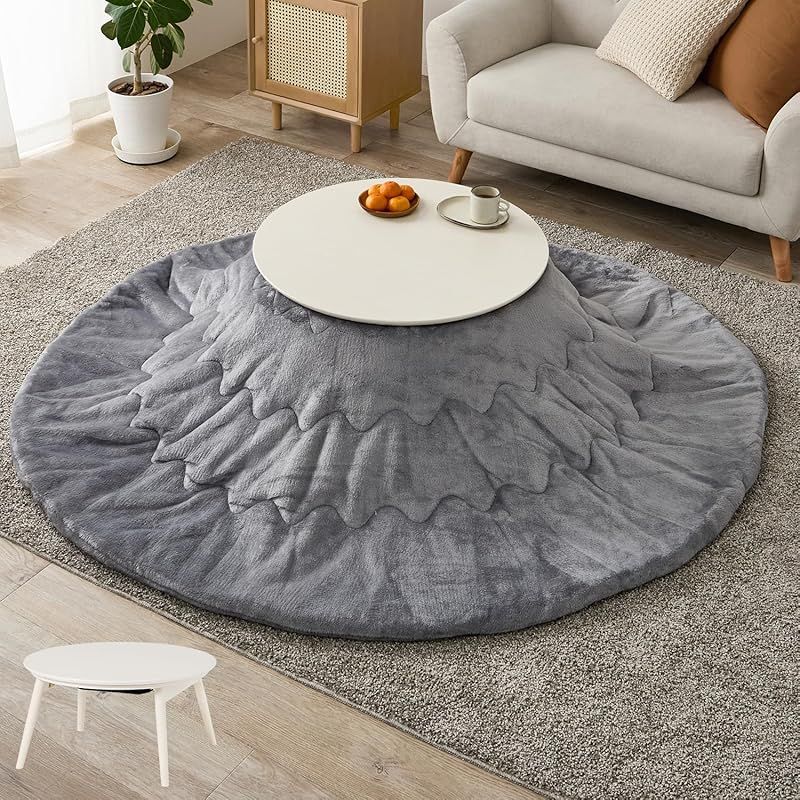 萩原 こたつ 2点セット 円形 一人用 こたつ本体 ホワイト フランネル生地掛布団 グレー 木目 省スペース 洗える 低ホルム 直径68 ブラーナ68 WS メレンゲKF 19 R-GY