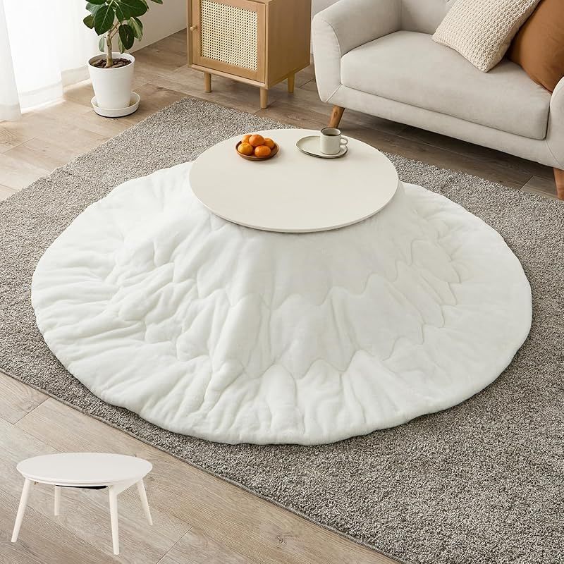 萩原 こたつ 2点セット 円形 一人用 こたつ本体 ホワイト フランネル生地掛布団 木目 省スペース 洗える 低ホルム 直径68 ブラーナ68 WS メレンゲKF 19 R WH