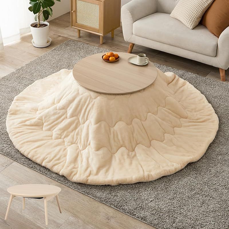 萩原 こたつ 2点セット 円形 一人用 こたつ本体 ライトナチュラル フランネル生地掛布団 アイボリー 木目 省スペース 洗える 低ホルム 直径68 ブラーナ68 LN メレンゲKF 19 R-IV