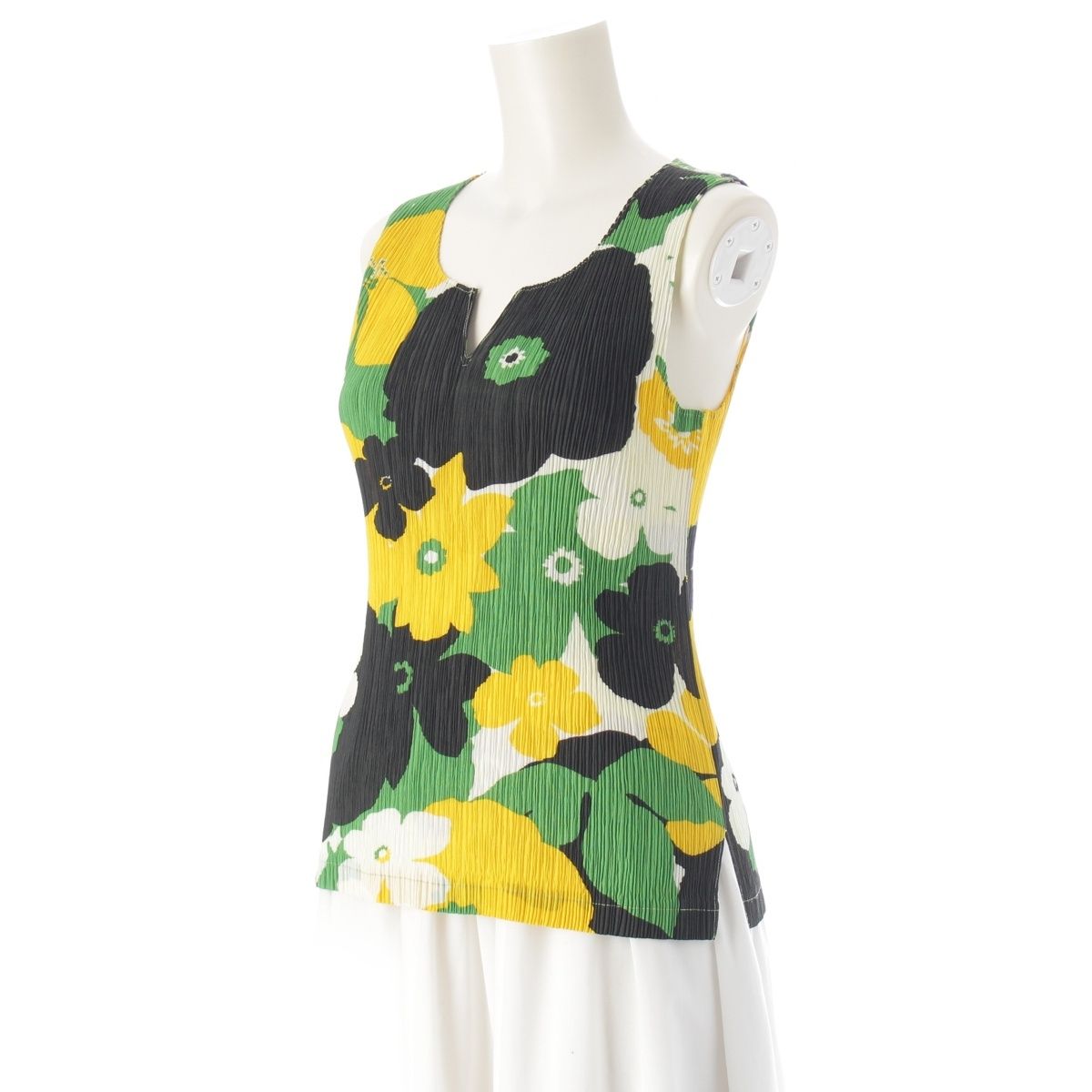 イッセイミヤケ 花柄 ノースリーブ プリーツ カットソー トップス ブラック イエロー グリーン 2