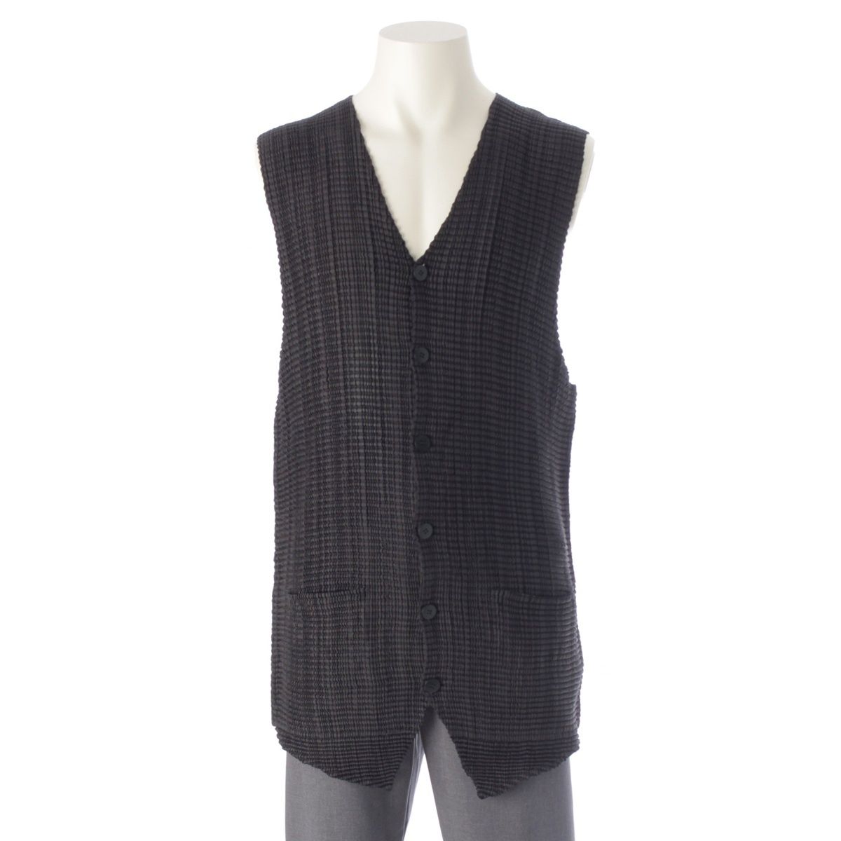 イッセイミヤケ メン 97 SS ワッフル プリーツ ロング ベスト ME 71-FE 434 ブラック L