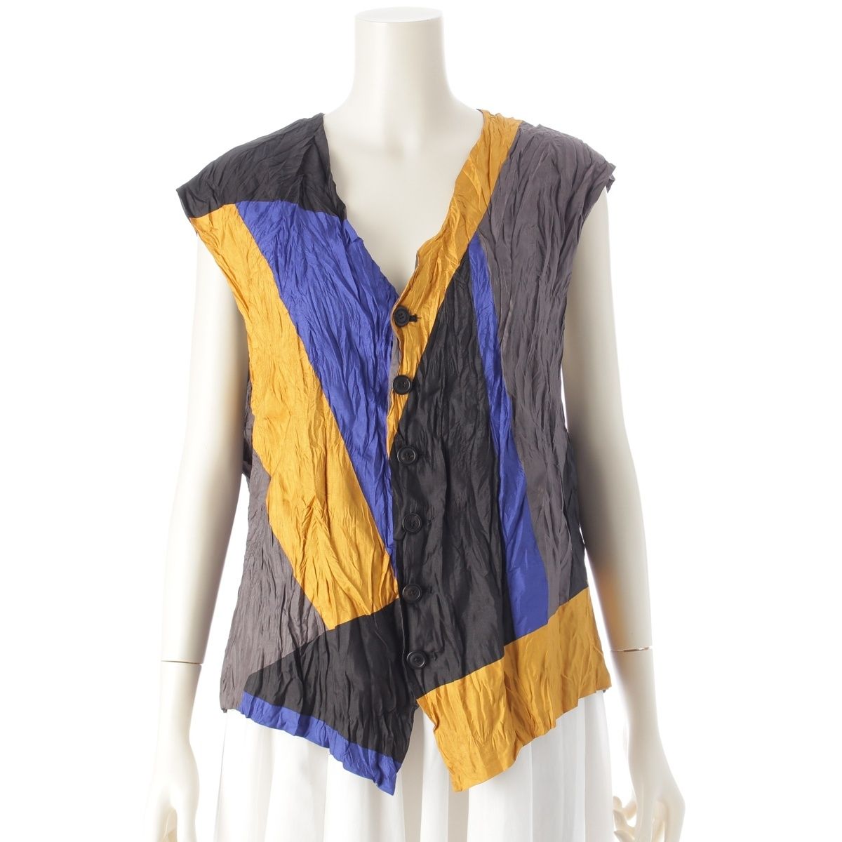 イッセイミヤケ 93 SS クレイジーパターン シワ加工 切替 プリーツ ベスト トップス IM 31-FE 369 マルチ M