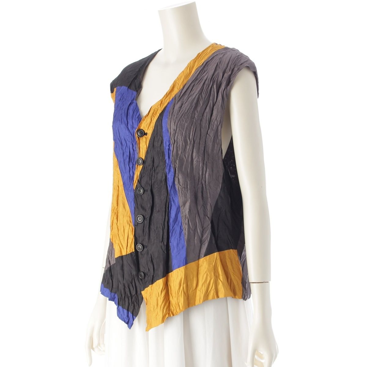 イッセイミヤケ 93 SS クレイジーパターン シワ加工 切替 プリーツ ベスト トップス IM 31-FE 369 マルチ M