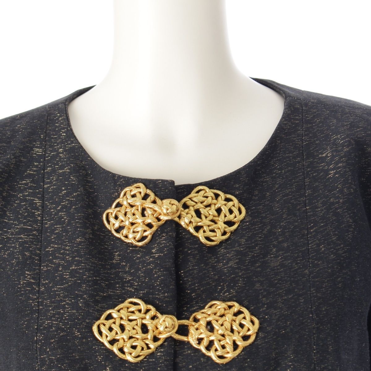  イヴサンローランリヴゴーシュ 93 SS YSL ヴィンテージ 装飾ボタン ラメ入り 半袖 ノー ジャケット アウター ブラック系 42 ノーカラージャケット ジャケット アウター