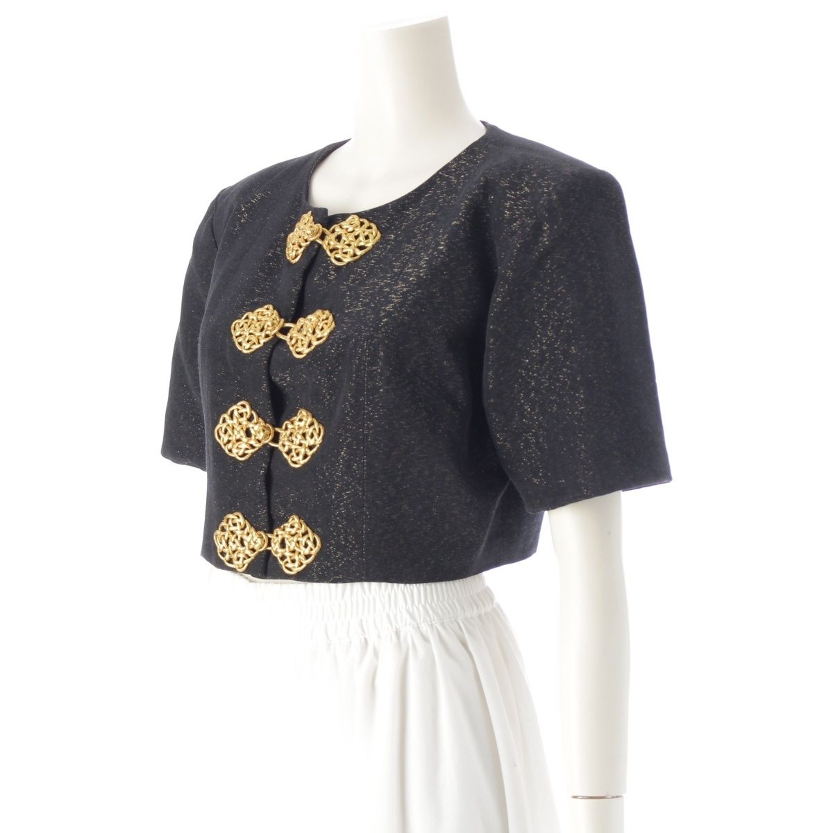 イヴサンローランリヴゴーシュ 93 SS YSL ヴィンテージ 装飾ボタン ラメ入り 半袖 ノー ジャケット アウター ブラック系 42