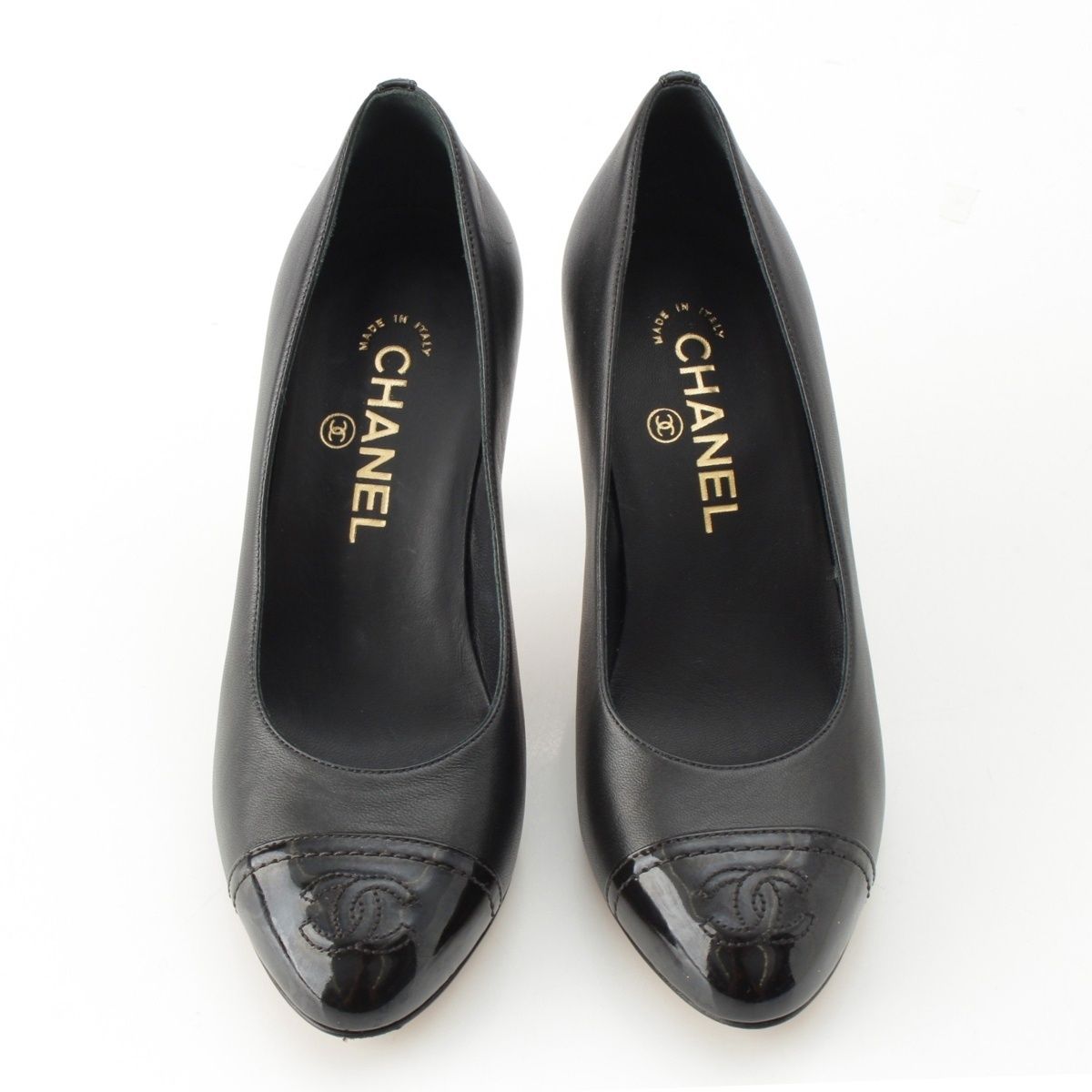 シャネル レザー×パテント ココマーク ヒール パンプス ブラック 37