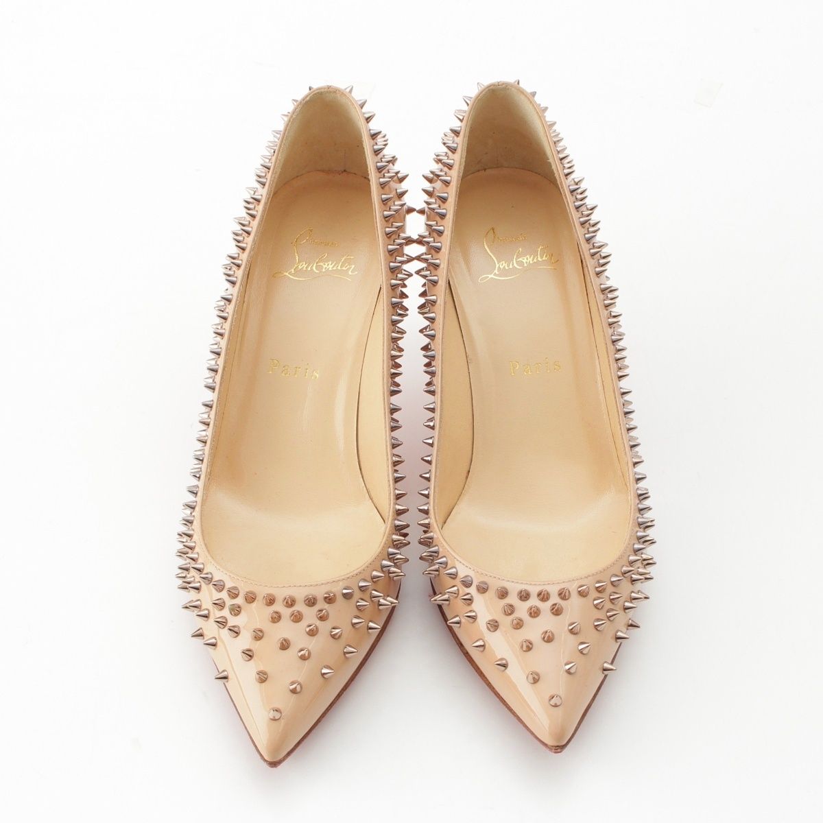 クリスチャンルブタン パテントレザー スタッズ ポインティッドトゥ パンプス シューズ ヒール ペールピンク 37