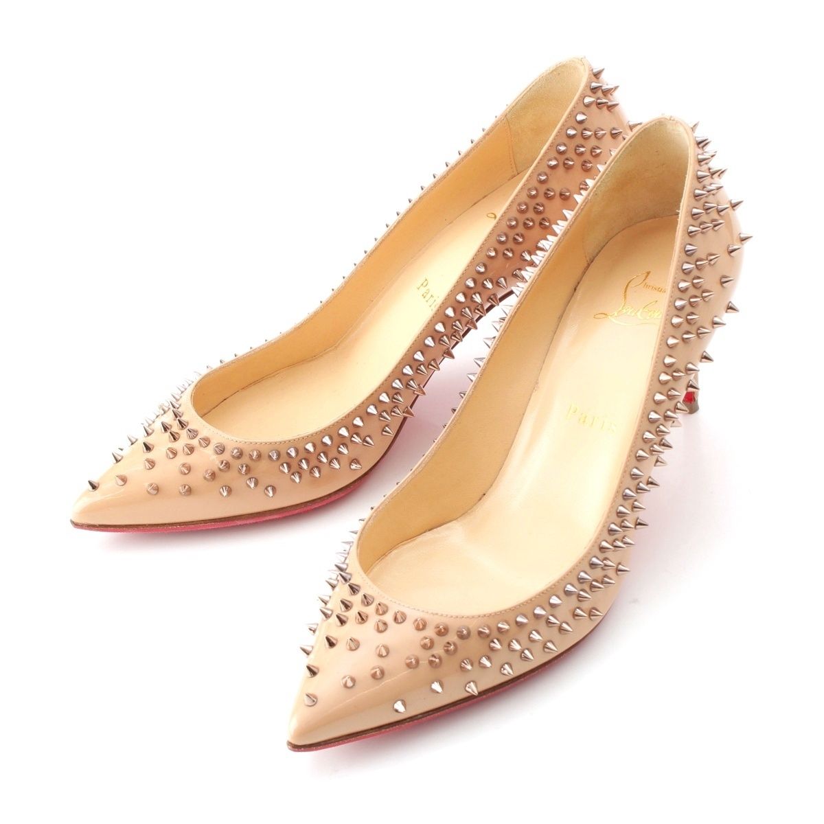 クリスチャンルブタン パテントレザー スタッズ ポインティッドトゥ パンプス シューズ ヒール ペールピンク 37