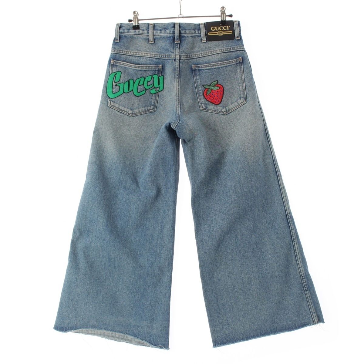 グッチ ロゴ ストロベリーパッチ ウォッシュ ワイド デニム パンツ ボトムス 527423 ブルー 24