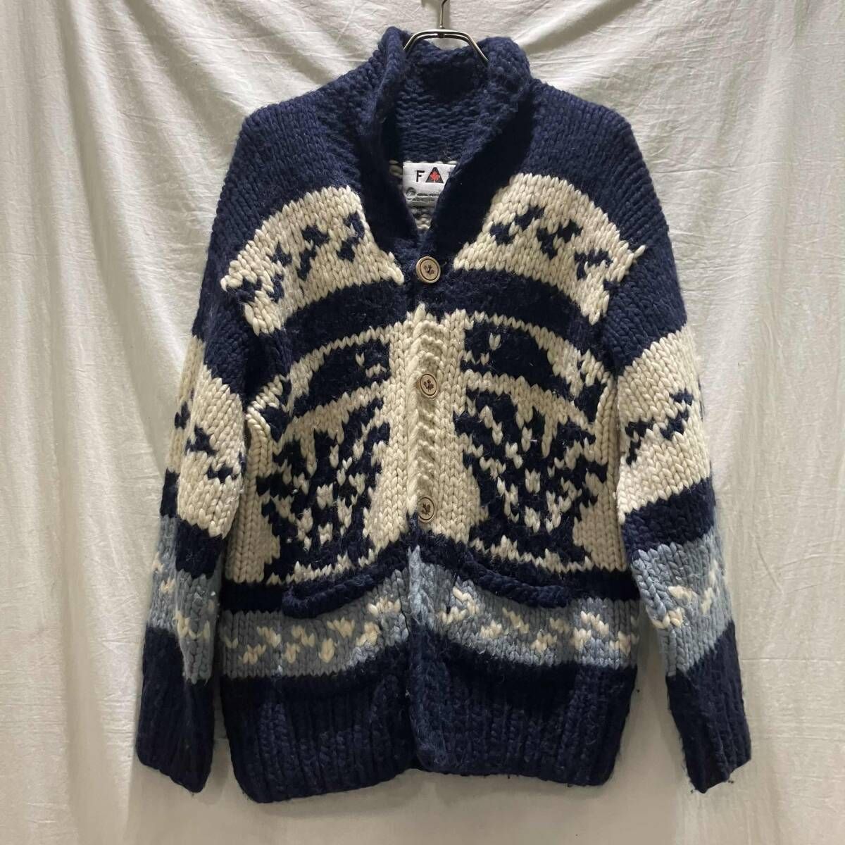 fad カーディガン カナダ製 総柄 カウチン L ブルー ファブ