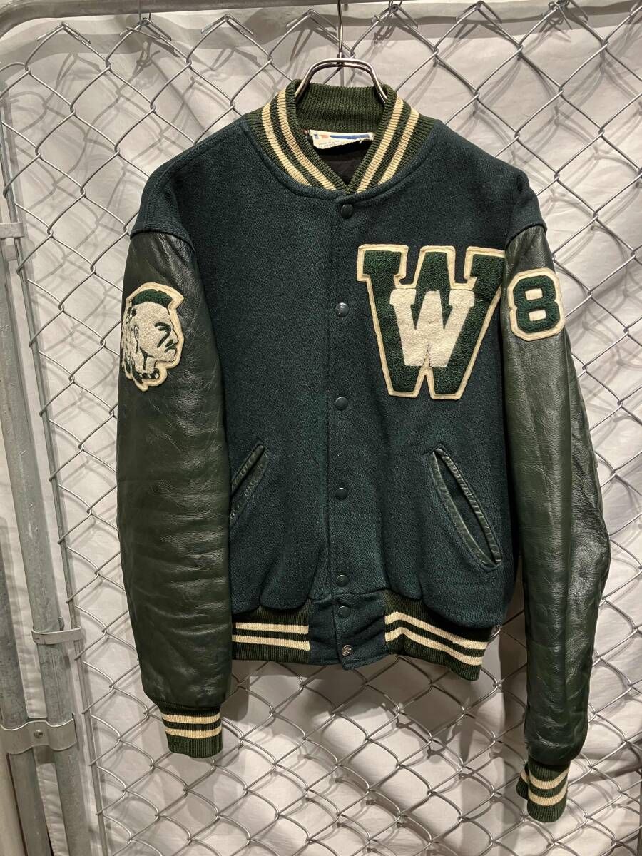 80s HOLLOWAY スタジャン 袖レザー グリーン ホロウェイ - メルカリ