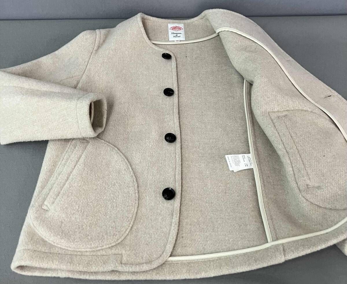 DANTON ダントン ノーカラージャケット ベージュ サイズ34 ウール混