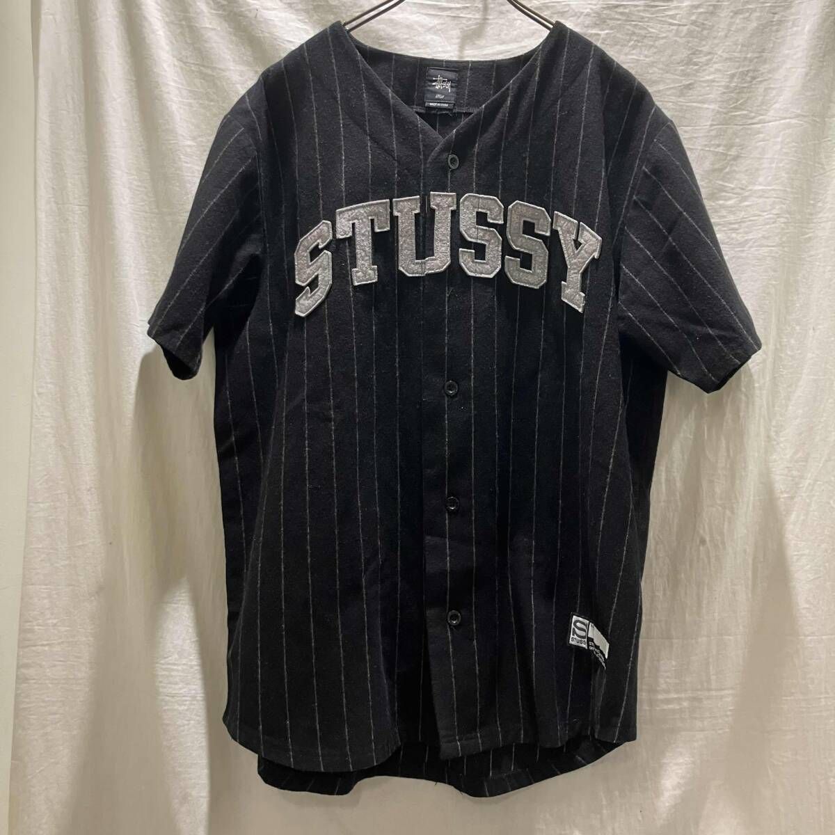 STUSSY 半袖シャツ アーチロゴ ウールベースボールシャツ ブラック L ストゥーシー