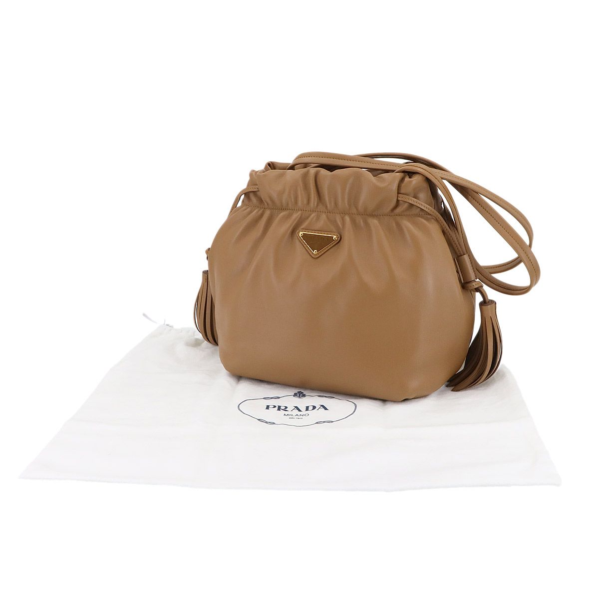 プラダ PRADA ショルダー バッグ レザー ライトブラウン 1 BG 541 フリンジ タッセル ゴールド 金具 Shoulder Bag