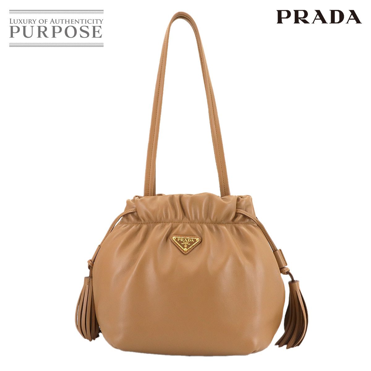 ♥ 展示品 プラダ PRADA ショルダー バッグ レザー ライトブラウン 1 BG 541 フリンジ タッセル ゴールド 金具 Shoulder Bag