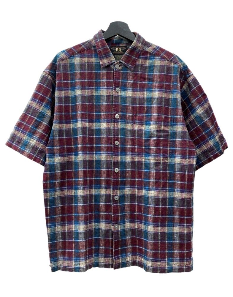 ダブルアールエル RRL 90 s CHECK SHIRT チェック 半袖 シャツ ポケット ボタン 三ツ星タグ Ralph Lauren レッド 赤 半袖シャツ マルチ Mサイズ 104 MT 2362