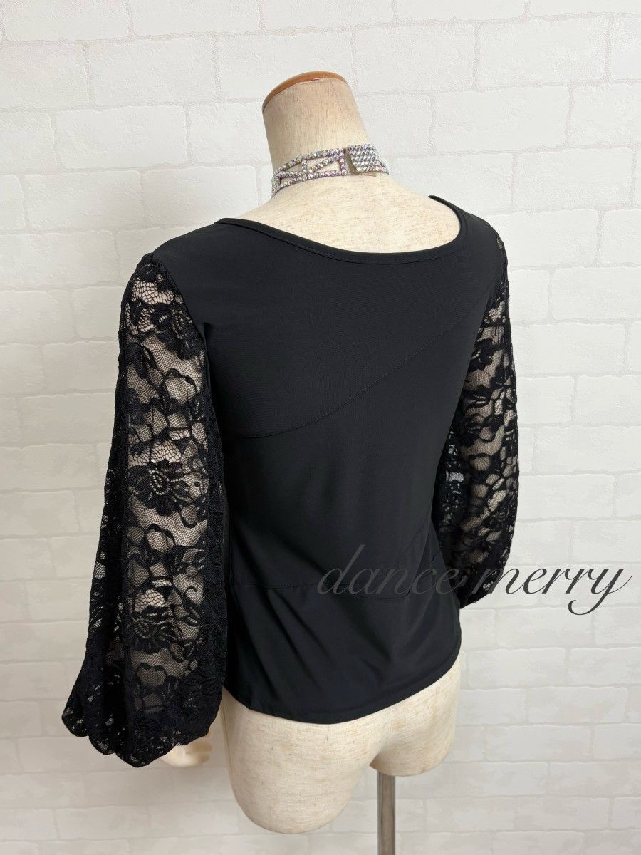 新品　豪華　社交ダンス　トップス　紺　長袖　バルーン袖　パーティ　1307 新品 社交ダンス 長袖 バルーン袖 レッスン シンプル 黒 レース 3333