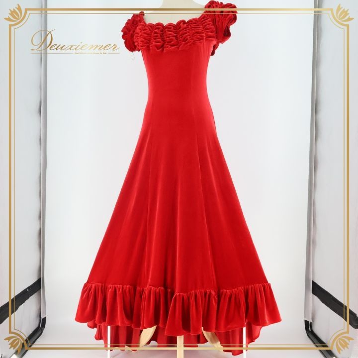 フラダンス 衣装 ワンピース ドレス uino! レッド系 ハワイ製 ベロア生地 アシンメトリー 感 上品 フリル 大人 華やか シンプル 無地 オフショルダー かわいい ハワイアン アロハ フラ ダンス レッスン 練習 ドレッシー