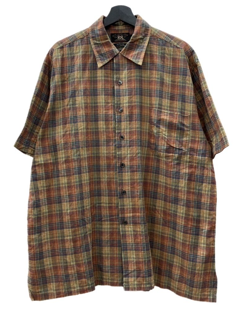 ダブルアールエル RRL 90 s OPEN COLLAR SHIRT オープン シャツ ポケット 開襟 半袖 三ツ星タグ Ralph Lauren 半袖シャツ チェック マルチ Lサイズ 104 MT-2364