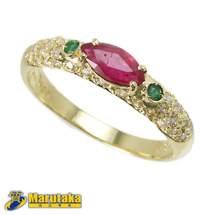K 18 0.35 ctルビー ダイヤモンド エメラルド リング 11.5号 約2.1 g 鑑別書 指輪 18金イエローゴールド ジュエリー レディース 質屋 丸高 貴金属 細め 24-0001