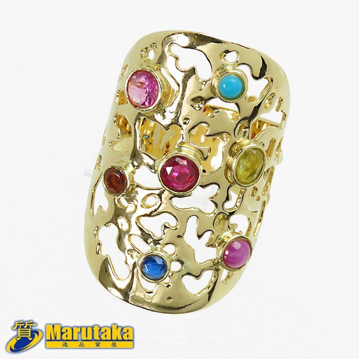 K 18 マルチストーン 幅広リング 約10 6 g 16 5号 18金イエローゴールド 合成石 透かし デザイン ジュエリー レディース 貴金属 質屋 丸高 YG ボリューム 25 334 1