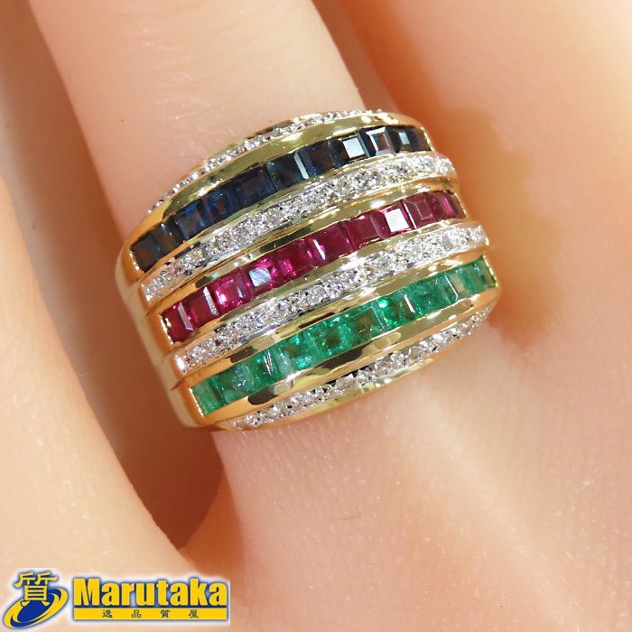 750 幅広リング K 18 約12 9 g 15号 サファイア ルビー エメラルド ダイヤモンド 鑑別書 指輪 ジュエリー 18金イエローゴールド 質屋 丸高 レディース 25 357 1